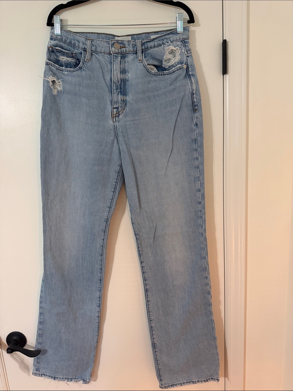 Frame Denim Pale Blue Straight-Leg Jeans with Distressed Details